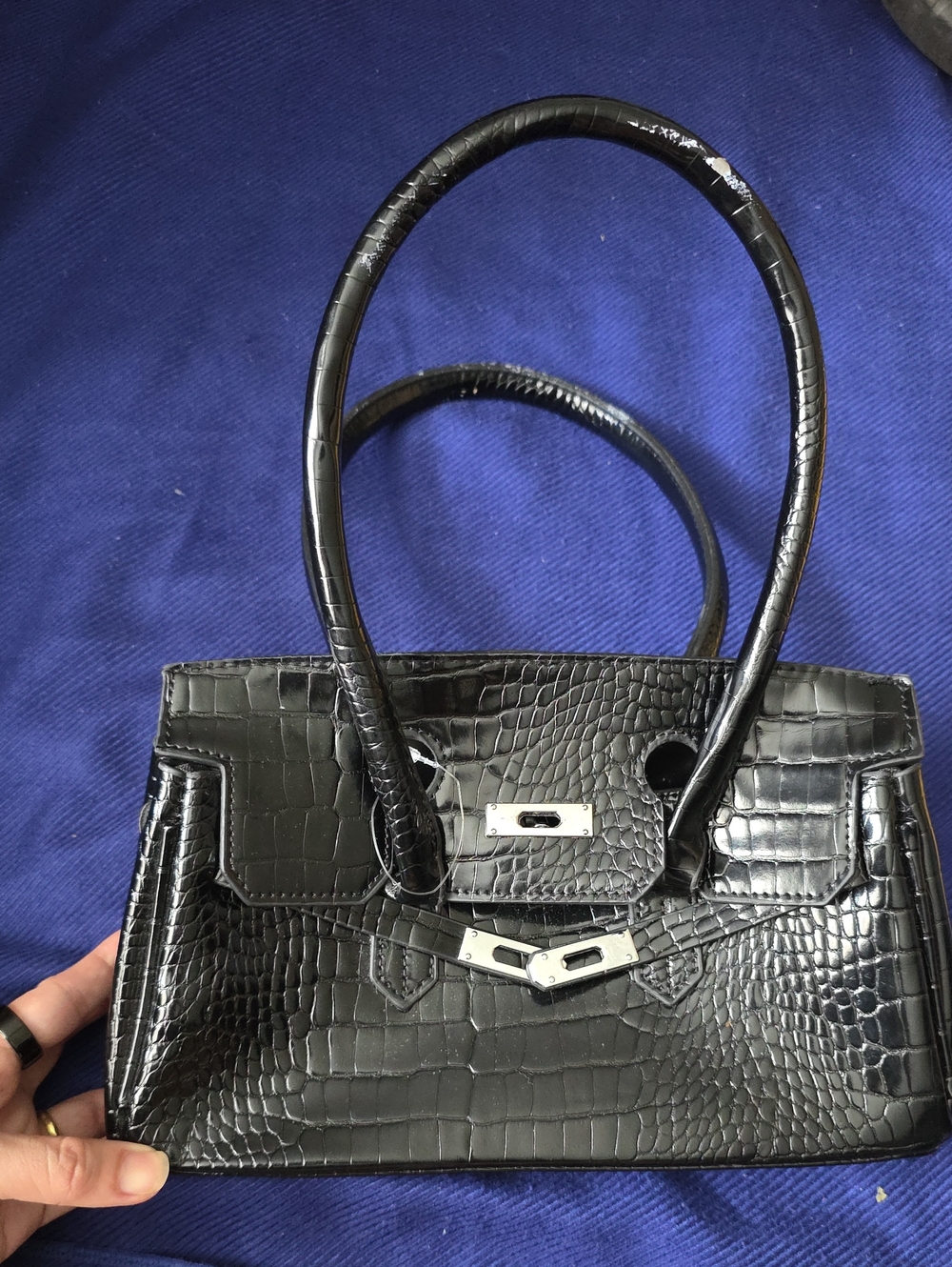 Black Croc-Embossed Structured Top-Handle Bag